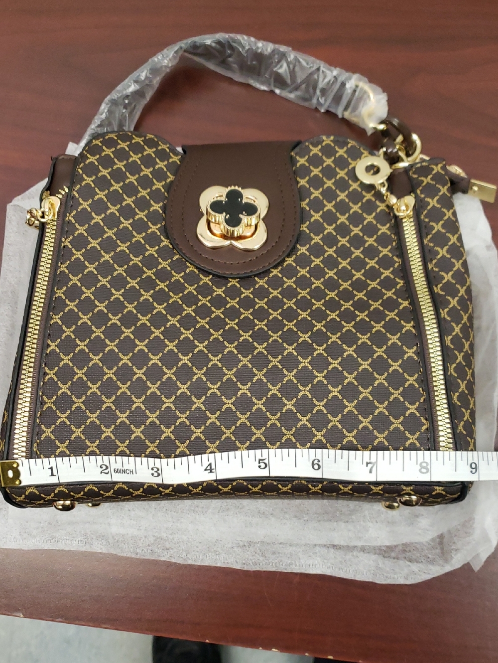 Brown Patterned Crossbody Bag with Gold Hardware